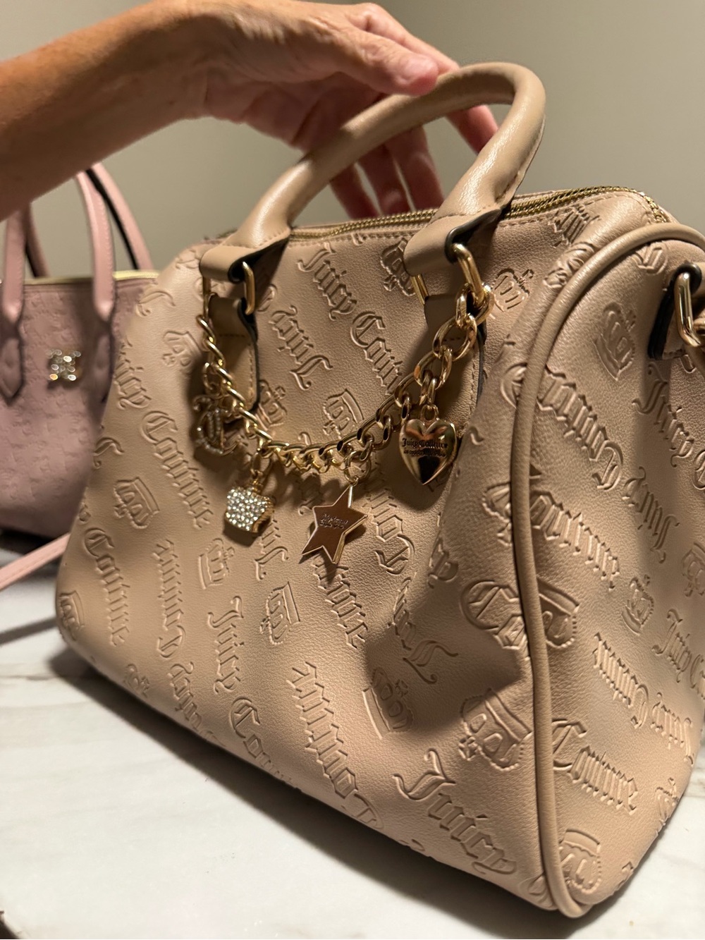 TWO Juicy Couture Beige Embossed Satchel with Gold Charm Chain Purses